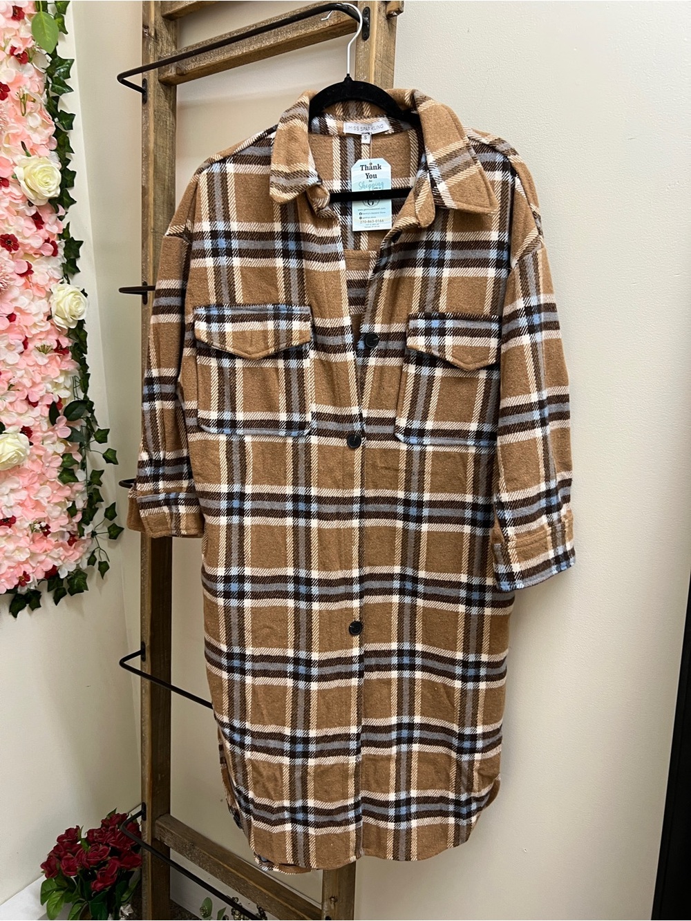 Casual Camel Plaid Teddy Shacket Jacket